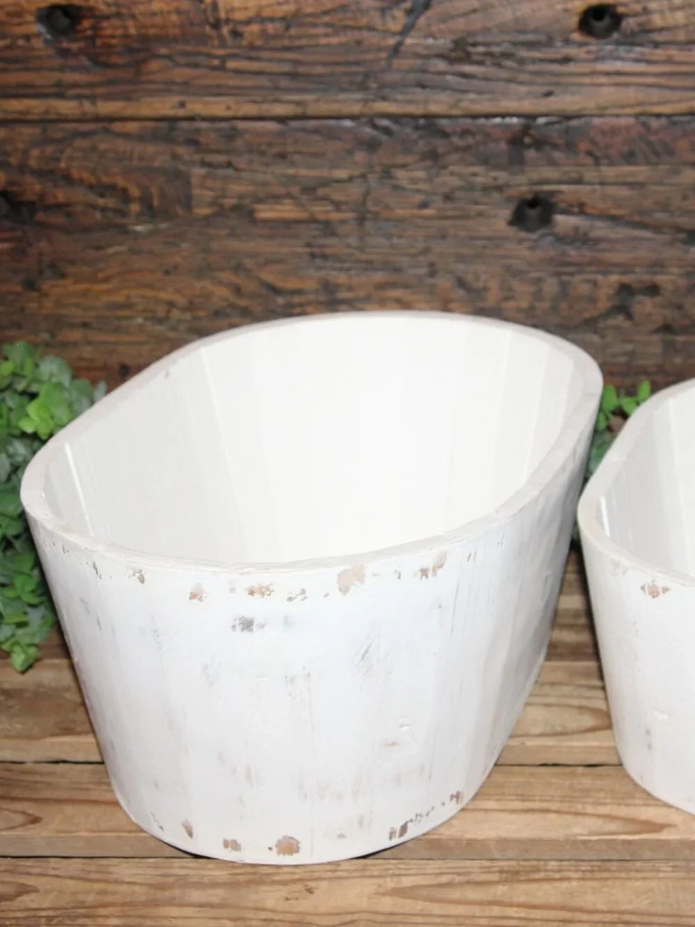 Pair of Large White Shabby Distressed Oval Wood Farmhouse Planter Buckets